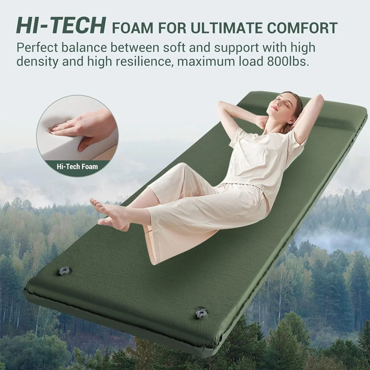 Aship Self Inflating Sleeping Pad, 26D Hi-Tech Memory Foam, 3.1" Ultra-Thick, 20-Second Inflation Sleeping Pad with Pillow, Insulated All Seasons Camping Mattress for Camping, Car, Tent