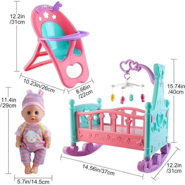 JoyStone 41Pcs Doll Care Toy Playset, 12 Soft Body Dolls for Girls with Crib, High Chair Feeding Accessories, Baby Toy Gift for Age 3 Years Old Girls Boys