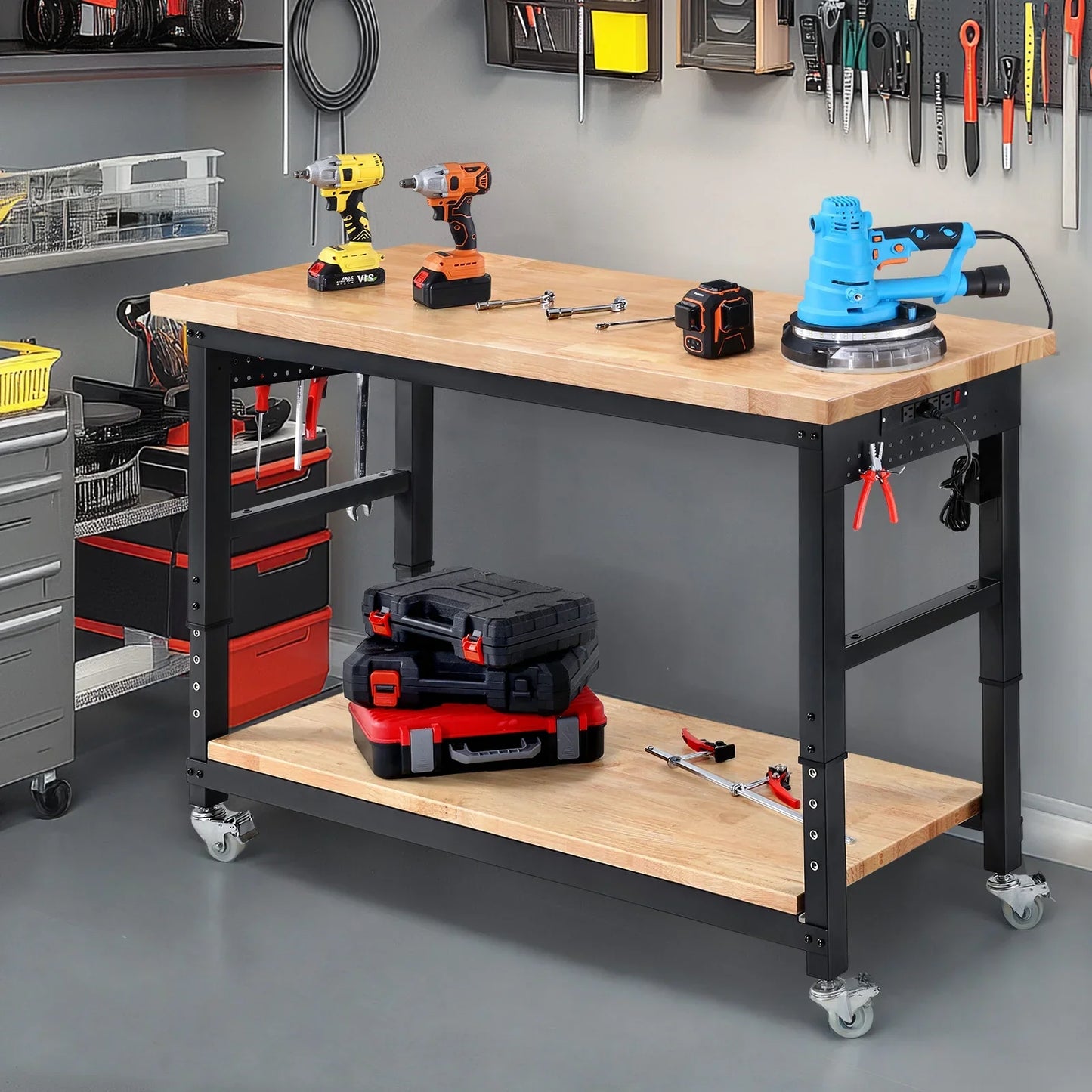 Workbench for Garage,ENJOYWOOD Heavy Duty 60 inch 2 Tier Wood Work Bench with Rolling Wheels and Power Outlets,Rubber Wood Tabletop,2000 LBS Load Bearing Workstation Garage Desk Table Worktable