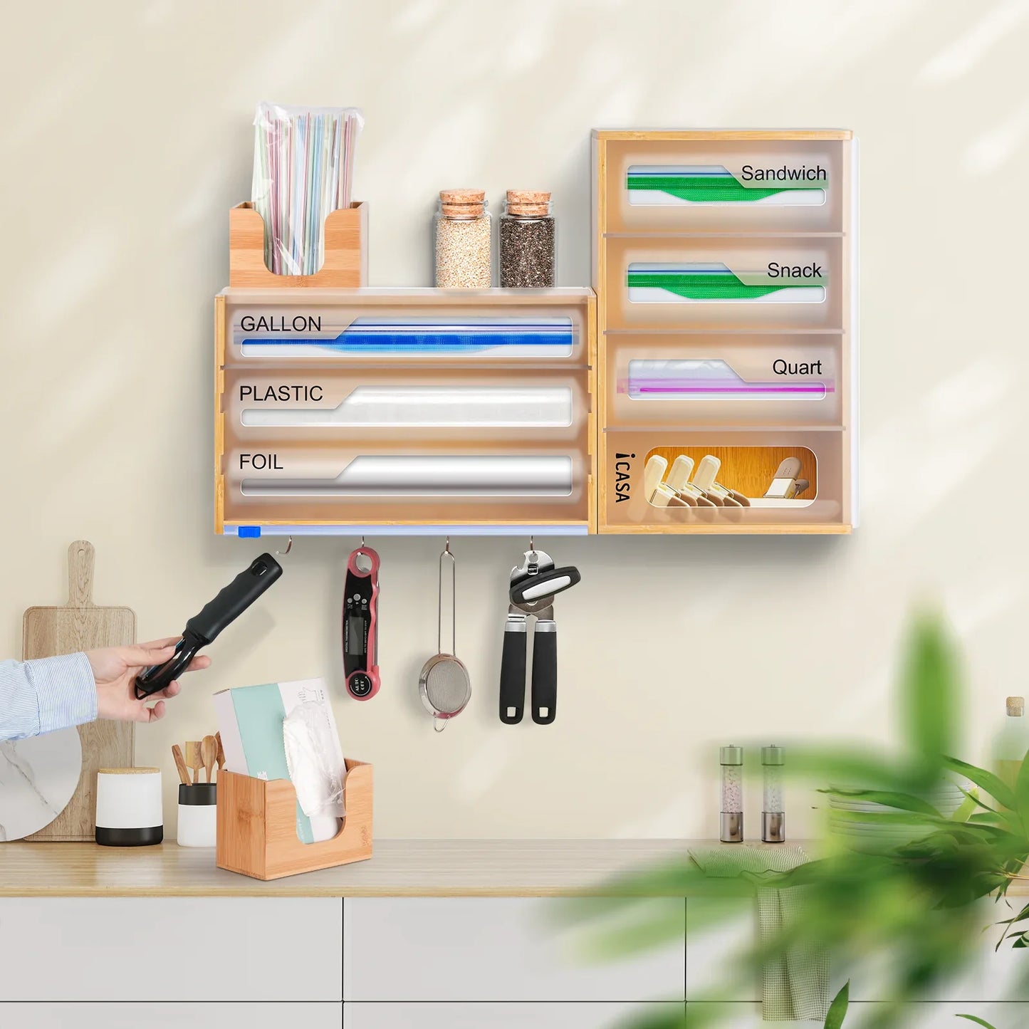 iCASA 15 - in - 1 Bamboo Storage Bag Organizer for Kitchen Drawer & Wall Moun, Kitchen Foil and Plastic Wrap Dispenser with Cutter, Food Sandwich Bag Organizer for Drawer, Bamboo Baggie Container Box