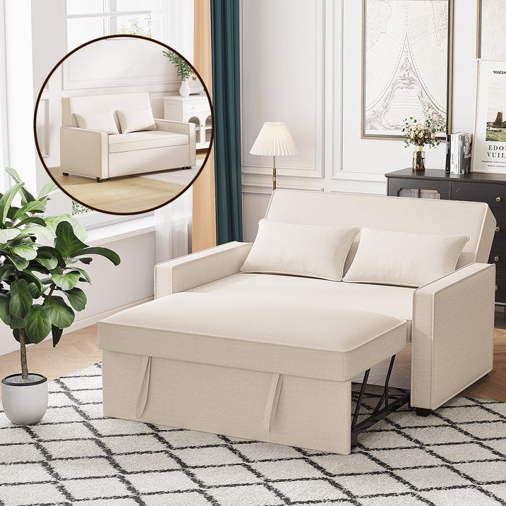 Convertible Sofa Bed, 53 Sleeper Sofa with Pull Out Bed, Loveseat Sofa Couch with Adjustable Backrest and 2 Pillows for Living Room, Apartment, Bedroom, Office, Beige