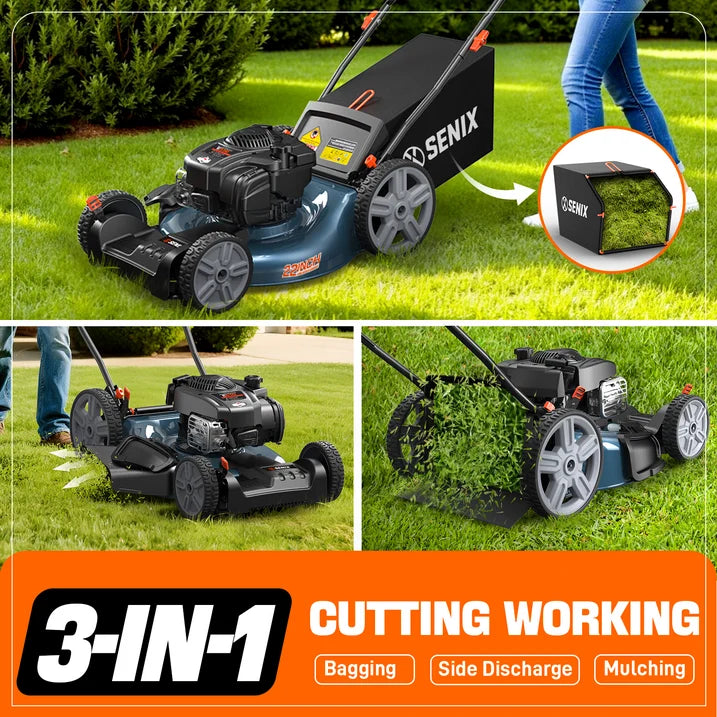 SENIX 21 Self Propelled Gas Lawn Mower, 150 cc 4 Cycle Made in USA Briggs Stratton Engine Push Mower, 3 In 1, 6 Position Height Adjustment, 11 In Rear Wheels, LSSG M1