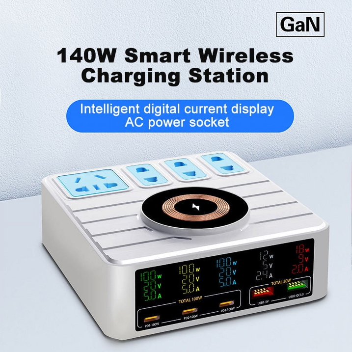 Tower Power Strip with 15W Wireless Charger, 5.9FT Flat Plug Extension Cord with Multiple Outlets, 4 AC Outlets, 5 USB Ports (2 USB C) Charging Station Surge Protector for Office Home Dorm Room