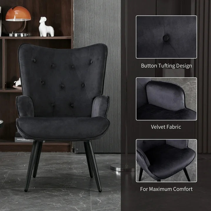 Black Velvet Accent Chairs for Living Room Upholstered Sitting Chair Mid Century Leisure Chairs