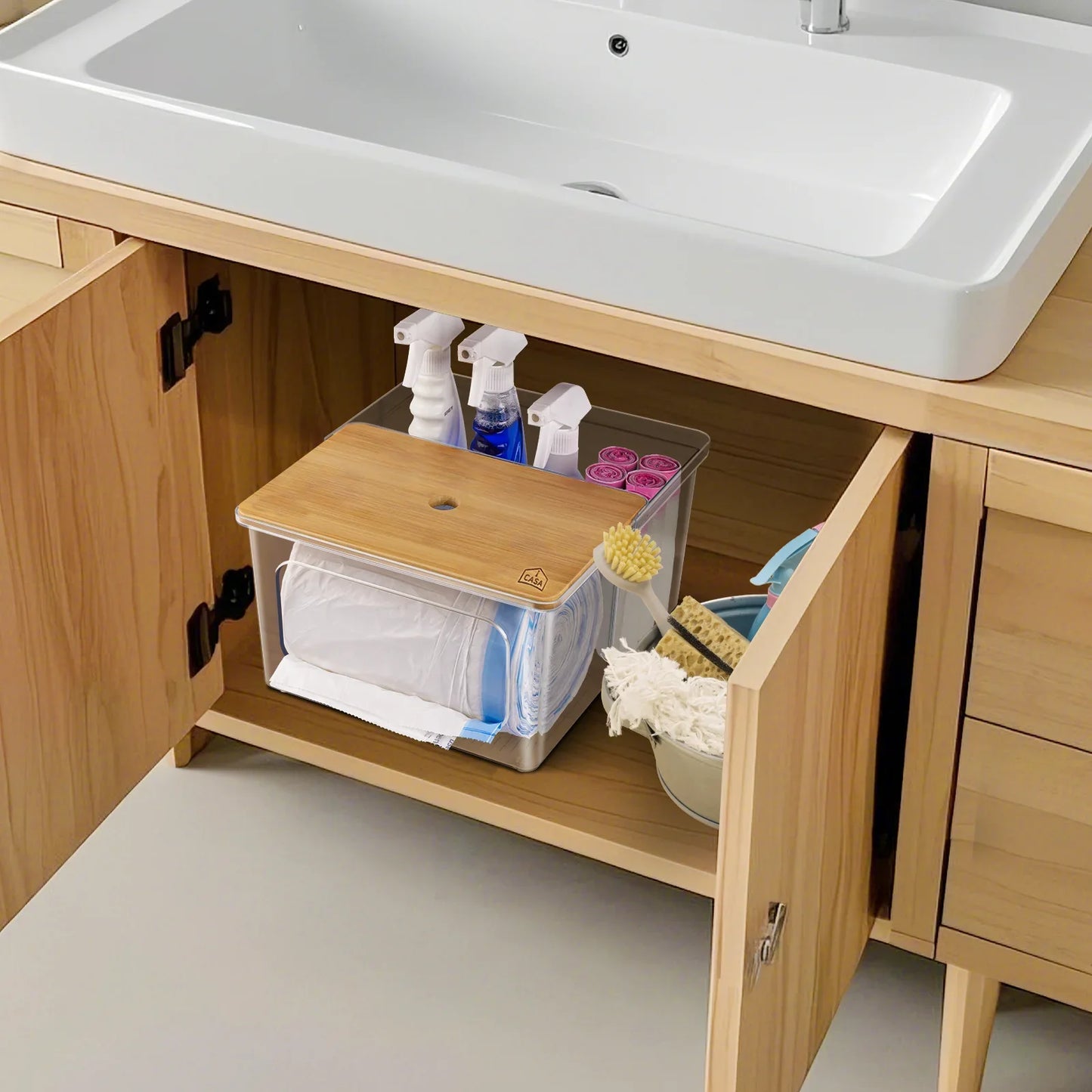 iCASA Garbage Bag Container 2 in 1 With Bamboo Lid for Laundry Room Organization, Under Sink, Kitchen, Cabinet, Home Decor, Extra Large Stackable Acrylic Bag Storage Box