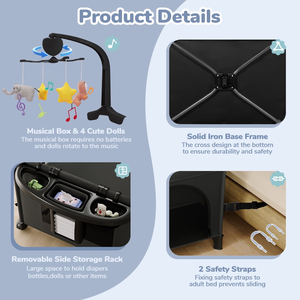 Baby Bassinet, Novashion 5 in 1 Bedside Sleeper Bassinet, Portable Baby Playard Baby Crib, with Removable Changing Station & Storage Organizer, Black