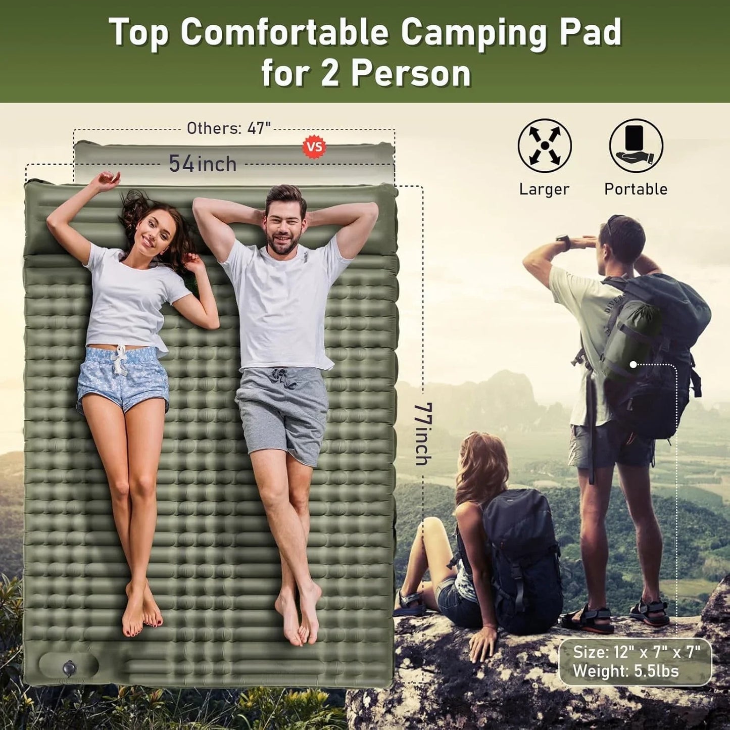 Aship Sleeping Pad for Camping 2 person, 4.7 Extra-Thick Camping Pad with Pillow Built-in Foot Pump Inflatable Sleeping Pad for Backpacking, Hiking, Traveling, Tent Green