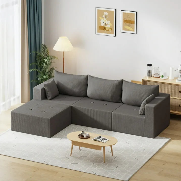 104 Modular Sectional Sofa, L Shape Sectional Sofa Couch with Deep Seat, Free Combination Corduroy Couches for Living Room, No Assembly Required, Grey
