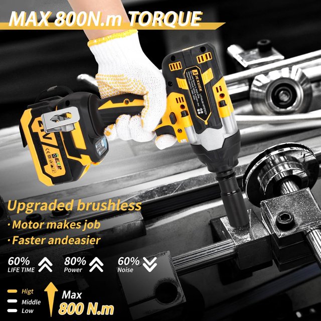800N.m Cordless Impact Wrench, 600Ft-lbs 1 2 inch Electric Impact Gun, High Torque Brushless Impact Wrench w 2x 4.0Ah Battery