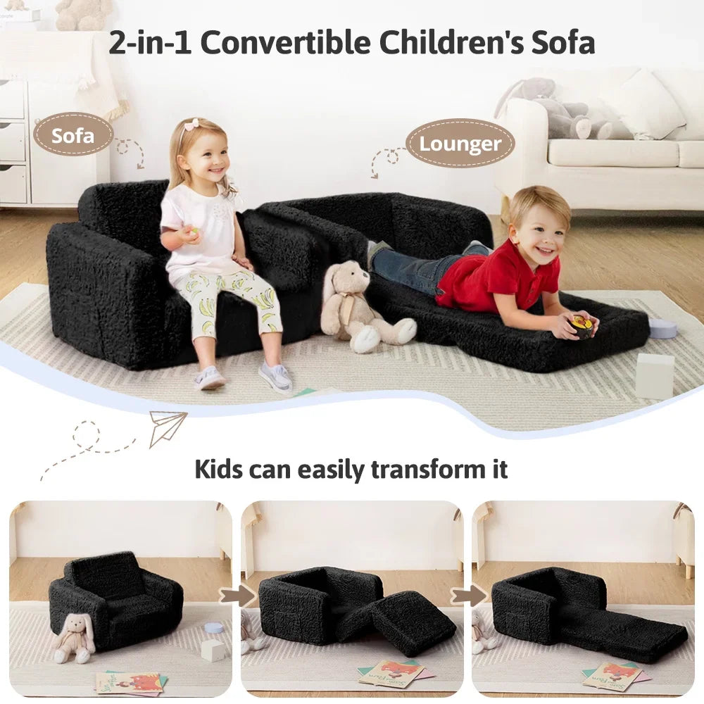 Kids Couch, 2 In 1 Foldable Toddler Couch ,Convertible Baby Sofa Chair for Boys and Girls, Black