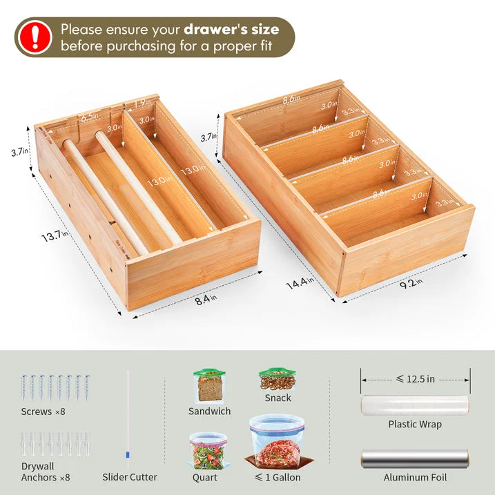 iCASA 15 - in - 1 Bamboo Storage Bag Organizer for Kitchen Drawer & Wall Moun, Kitchen Foil and Plastic Wrap Dispenser with Cutter, Food Sandwich Bag Organizer for Drawer, Bamboo Baggie Container Box