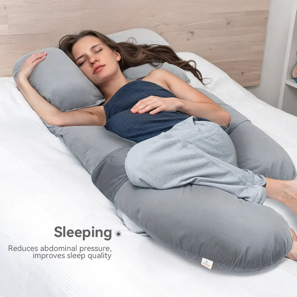 Pregnancy Pillow, Novashion Full Body Maternity Pillow for Side Sleeping, with Adjustable Wedge Pillow and Velvet Cover, Washable, Grey