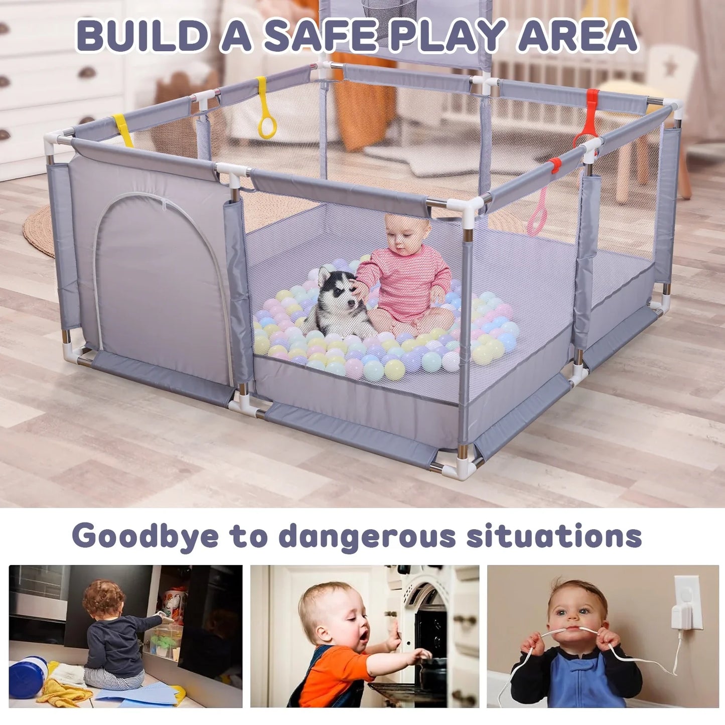JoyStone Baby Playpen with 30 Ocean Ball, 50 x 50 inch Baby Playard, Baby Fence with Soft Breathable Mesh & Basketball Hoop, Grey