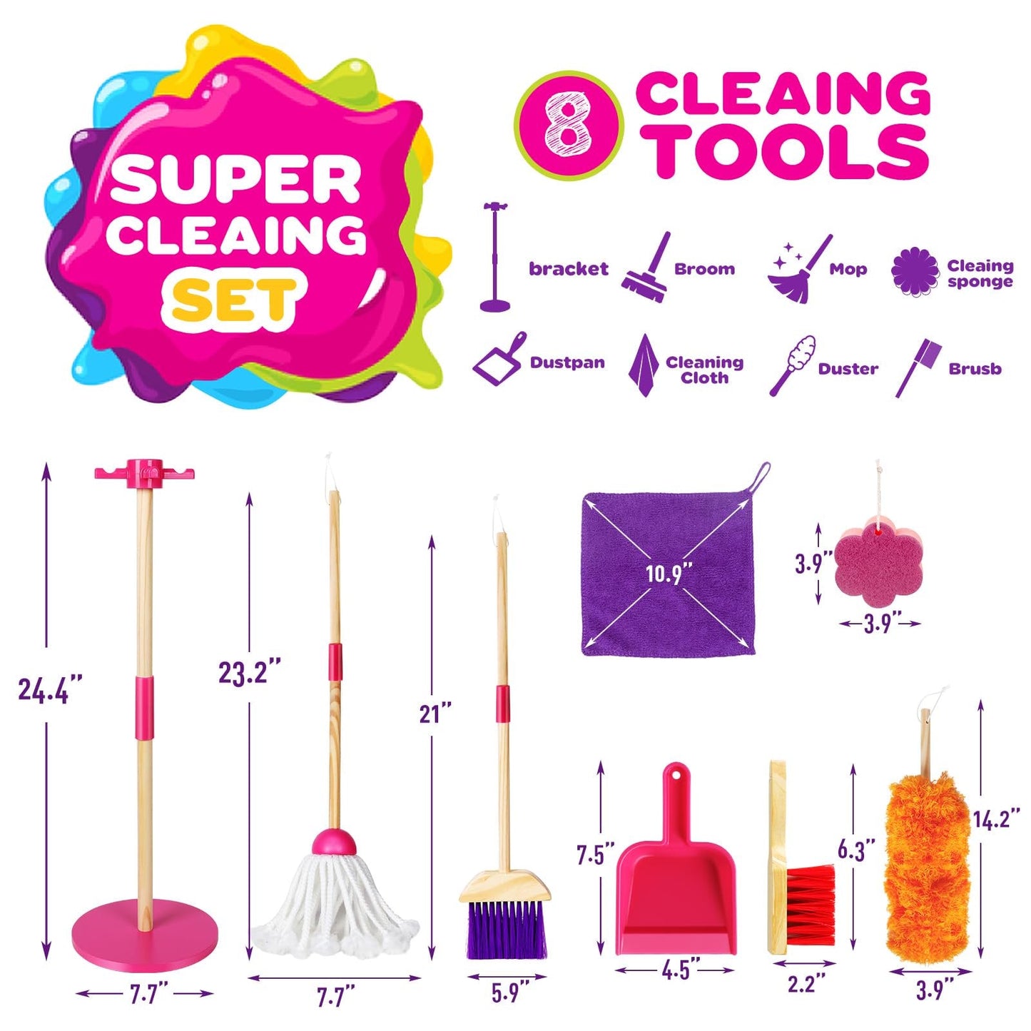 JoyStone Wooden Toddler Cleaning Set, Pretend Play Household Cleaning Tools Giftsfor Kids Age 3-6, Includes Broom, Mop, Duster and Dustpan, Safe & Durable, Pink