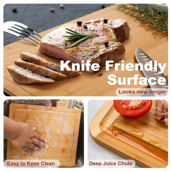 stusgo Bamboo Cutting Board Set with Stand,32cm 4 piece Kitchen Chopping Boards with Juice Grooves