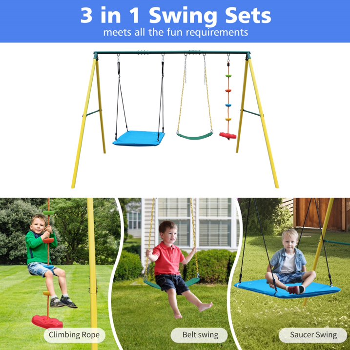 Metal Swing Set for Backyard, SHINPT Small Swing Sets for Kids Aged 3 12, 3in1 Toddler Swing Set with Climbing Rope, Belt Swing and Saucer Swing for Playground, Garden, Park, 300lbs Capacity