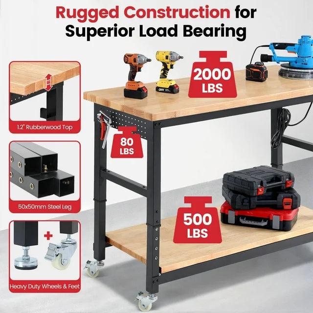Workbench for Garage,ENJOYWOOD Heavy Duty 60 inch 2 Tier Wood Work Bench with Rolling Wheels and Power Outlets,Rubber Wood Tabletop,2000 LBS Load Bearing Workstation Garage Desk Table Worktable