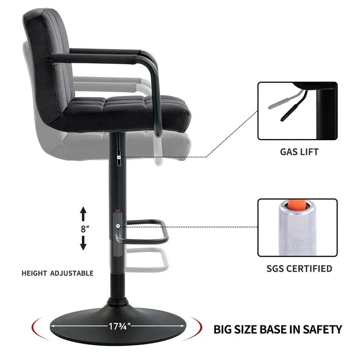 Black Adjustable Swivel Barstools Set of 2 Velvet Upholstered Bar Chairs