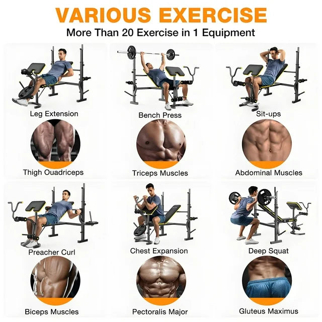 Weight Bench,Doufit 6-In-1 900lbs Workout Bench Press with Squat Rack Leg Developer Preacher Curl Butterfly Arms,Gym Exercise Equipment for Full Body Home Gym
