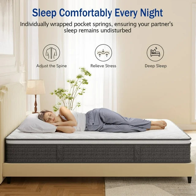 GREOO 12 Queen Mattress in a Box Cooling Gel Memory Foam Hybrid Mattress, Individually Wrapped Pocket Coils, Pressure Relief, 365 Night Trial