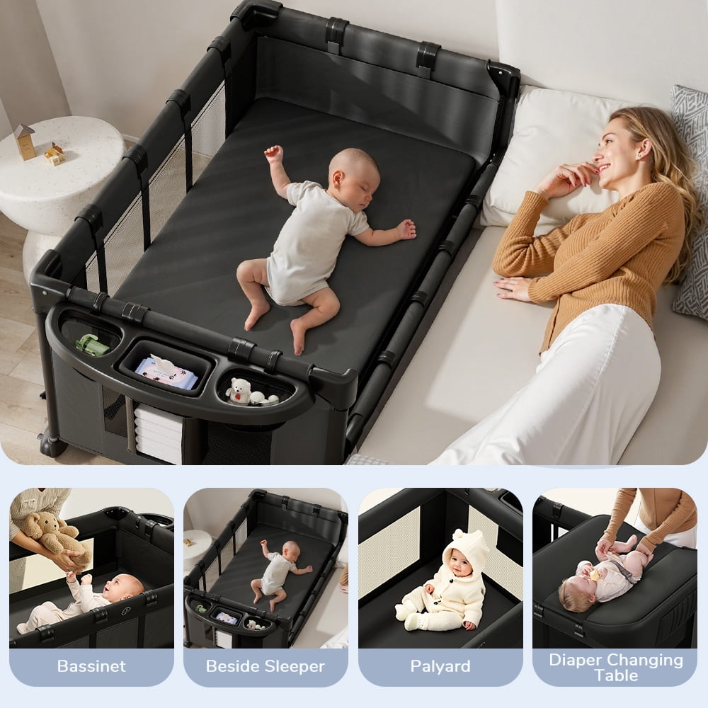 Baby Bassinet, Novashion 5 in 1 Bedside Sleeper Bassinet, Portable Baby Playard Baby Crib, with Removable Changing Station & Storage Organizer, Black