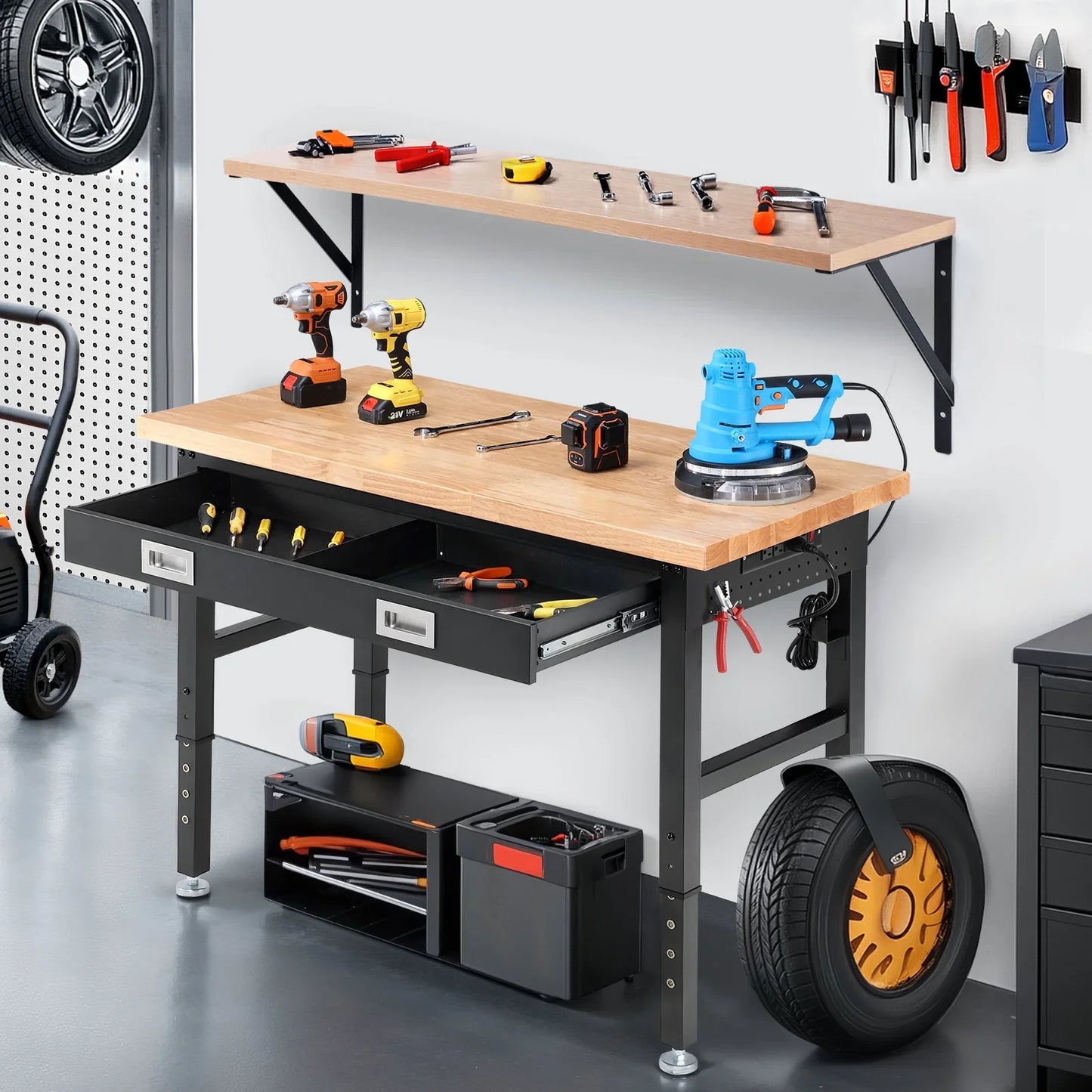 Workbench for Garage,ENJOYWOOD Heavy Duty 48 inch Wood Work Bench with Drawer and Wall Mounted Shelf,Rubber Wood Tabletop,2000 LBS Load Bearing Workstation Garage Desk Table Worktable