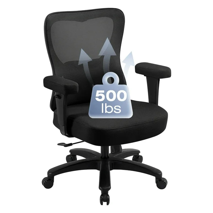 Ergonomic Office Chair, Mesh Desk Chair with Wide Thick Seat Cushion, Oversize Home Desk Chair with Adjustable 2D Headrest, Lumbar Support Armrests for Work Gaming,Black