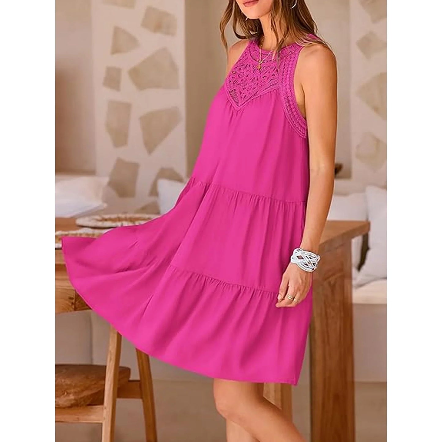 SHIBEVER Womens Summer Hollow Out Halter Dresses Casual Sleeveless A-Line Tiered Swing Sundress Beach Vacation Mini Dress for Womens Clothes Lace Crochet Babydoll Dresses