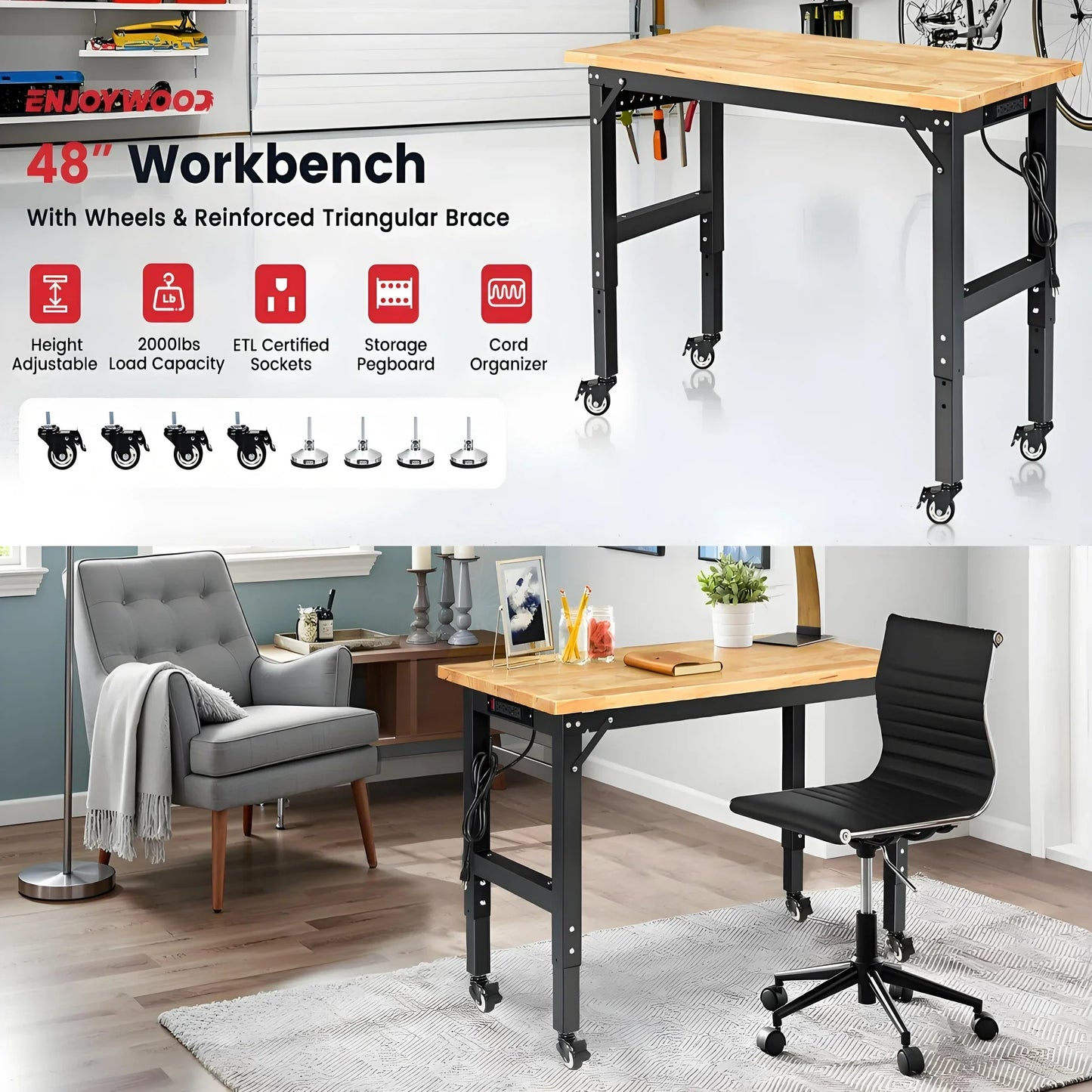 Workbench for Garage,ENJOYWOOD Rolling Heavy Duty 48 inch Wood Work Bench with 4 Wheels,Rubber Wood Tabletop 2000 LBS Load Bearing Workstation Garage Desk Table Work Table