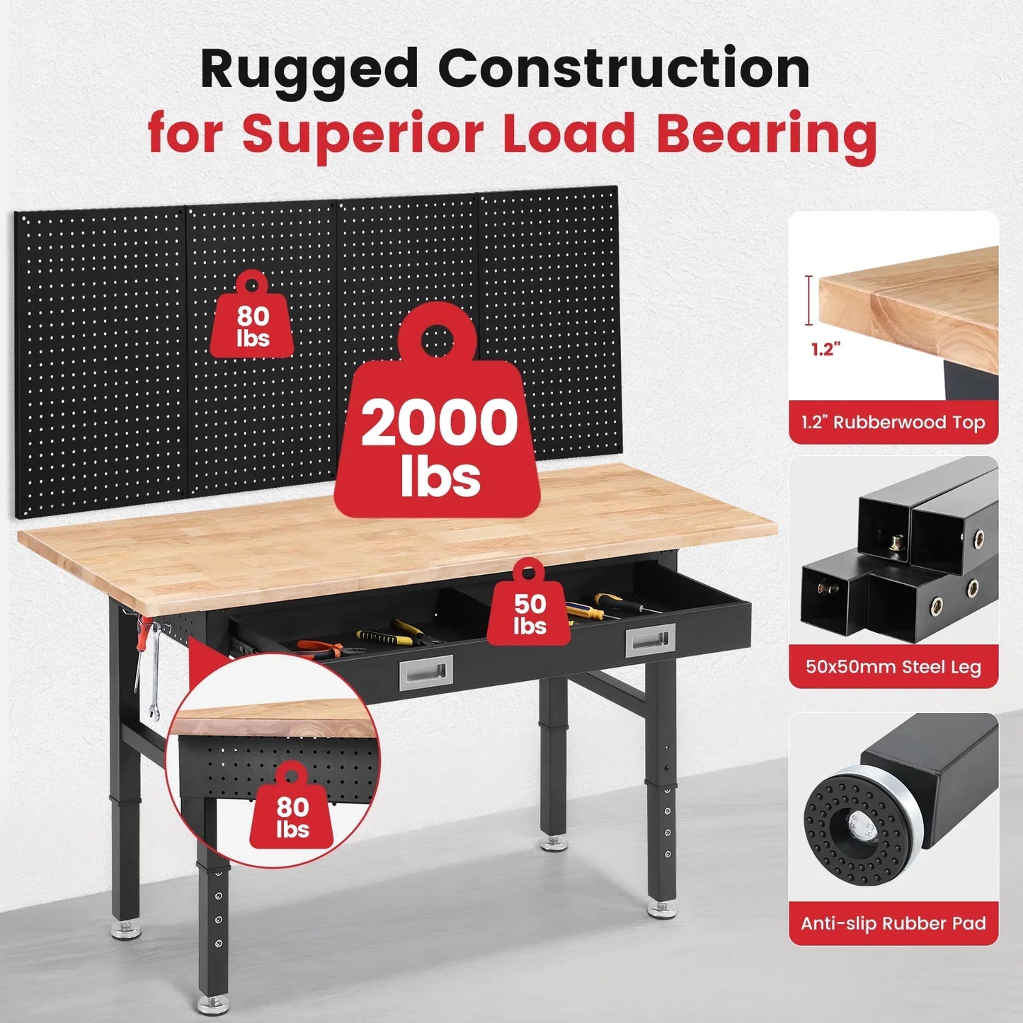 Workbench for Garage,ENJOYWOOD Heavy Duty 60 inch Wood Work Bench with Drawer and Storage Pegboards,Rubber Wood Tabletop,2000 LBS Load Bearing Workstation Garage Desk Table Worktable