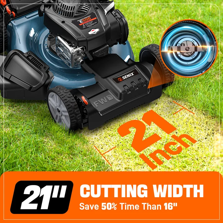 SENIX 21 Self Propelled Gas Lawn Mower, 150 cc 4 Cycle Made in USA Briggs Stratton Engine Push Mower, 3 In 1, 6 Position Height Adjustment, 11 In Rear Wheels, LSSG M1