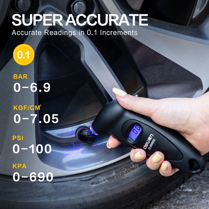 Deli Digital Tire Pressure Gauge, Handy Air Pressure Gauge, Digital Tester,Car Auto Gauge Tool,0-100 PSI 4 Settings for Car Truck Bicycle with Backlight LCD,Black