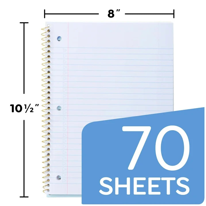 Deli Spiral Notebooks, 6 Pack, 1-Subject, Wide Ruled Paper, 8" x 10-1/2", 70 Sheets, Assorted Pastel Colors
