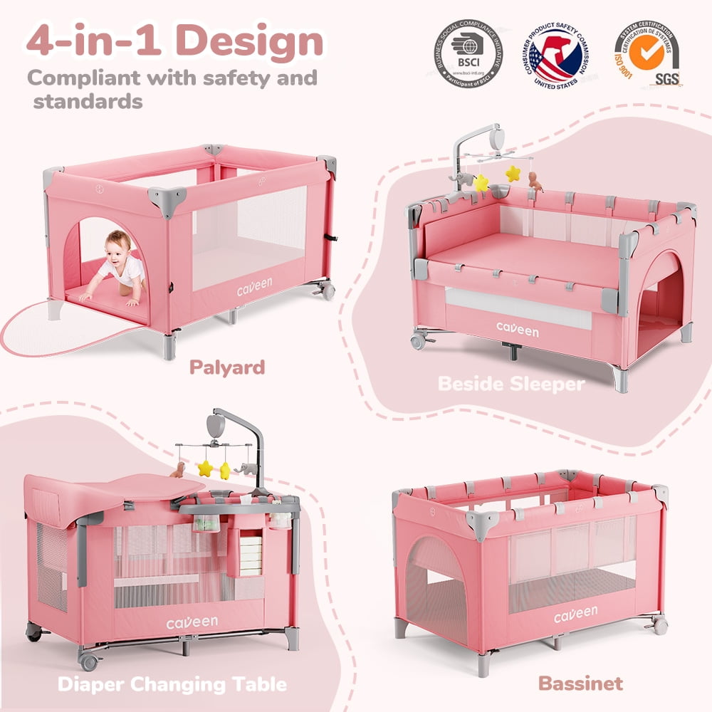 Baby Bassinet, Novashion 5 in 1 Bedside Sleeper Bassinet, Portable Baby Playard Baby Crib, with Removable Changing Station & Storage Organizer, Black