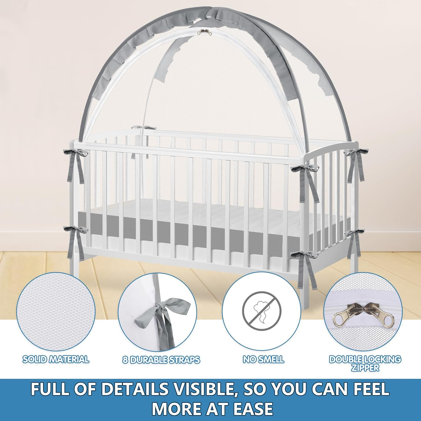 Baby Safety Crib Tent, Crib Net to Keep Baby in, Stop Baby from Climbing Out of Crib, Pop Up Baby Crib Tent with Double Zip Strong Rods, Breathable, Grey