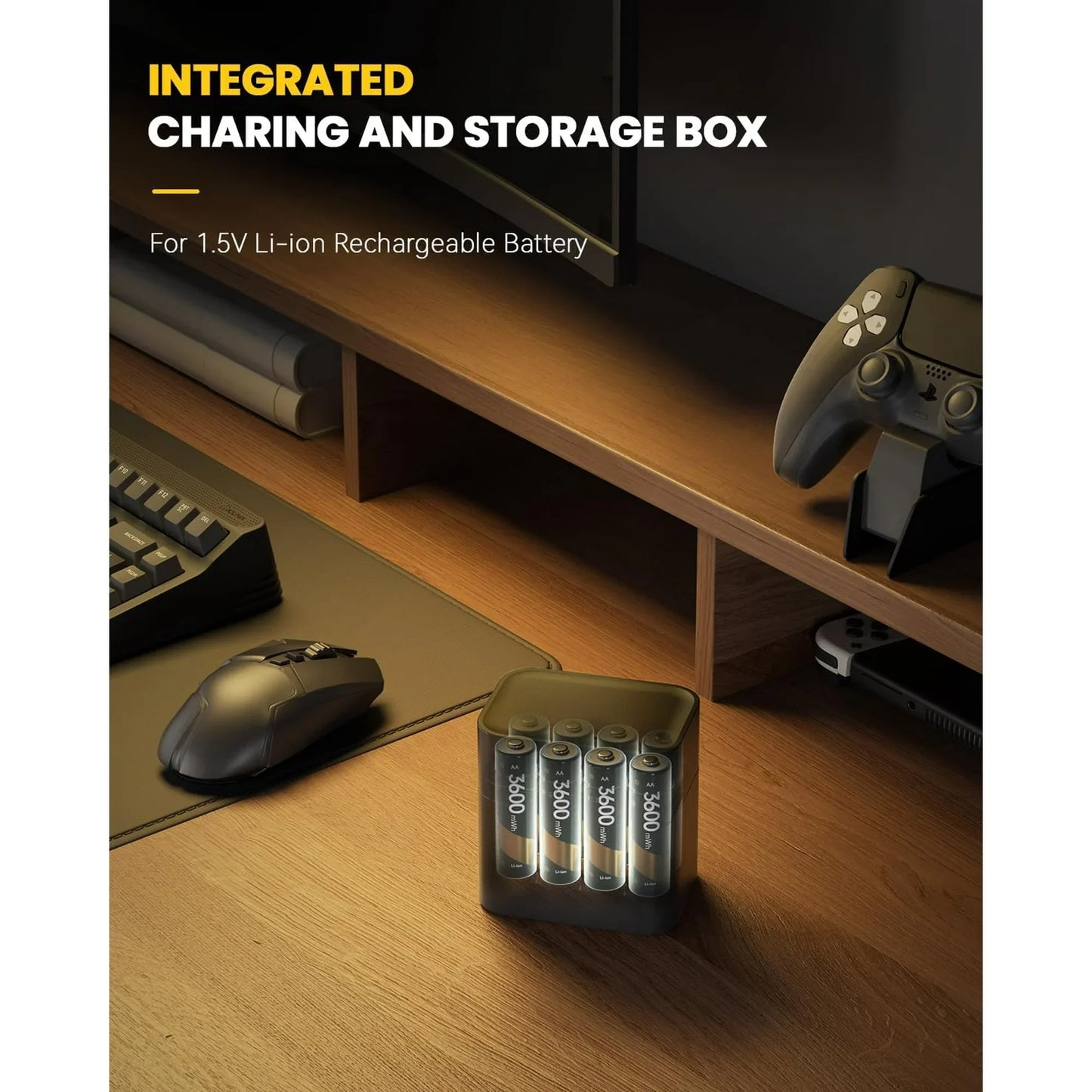 Rechargeable AA Lithium Batteries with Charging Storage Box, 8 Count 3600mWh 1.5V Double A Batteries 1600 Cycles, Long Lasting Rechargeable with for Toy、Camera, Golden