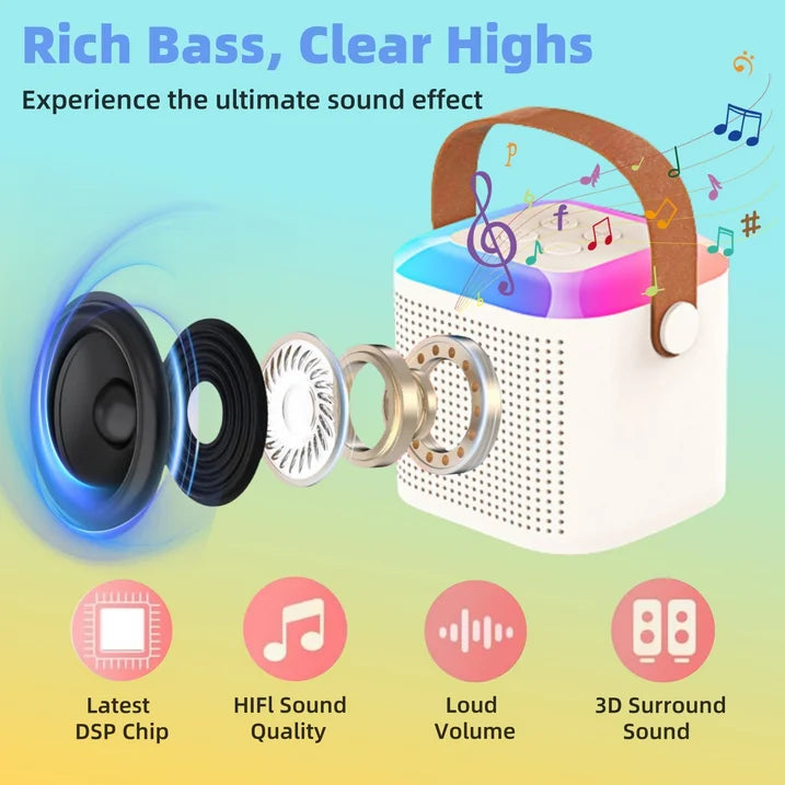 Mini Karaoke Machine for Kids, Portable Bluetooth Karaoke Singing Speaker with Wireless Microphone and Dynamic Lights, Karaoke Toys Gifts for Girls Boys Family Home Party, White