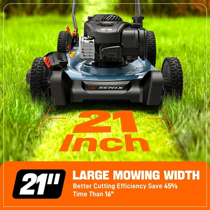SENI  21 Gas Lawn Mower, 140cc 4 Cycle Made in USA Briggs  Stratton Engine, 2 In 1 Mulch  Side Discharge Push Mower, 6 Position Height Adjustments, 11 Rear Wheels, LSPG M6
