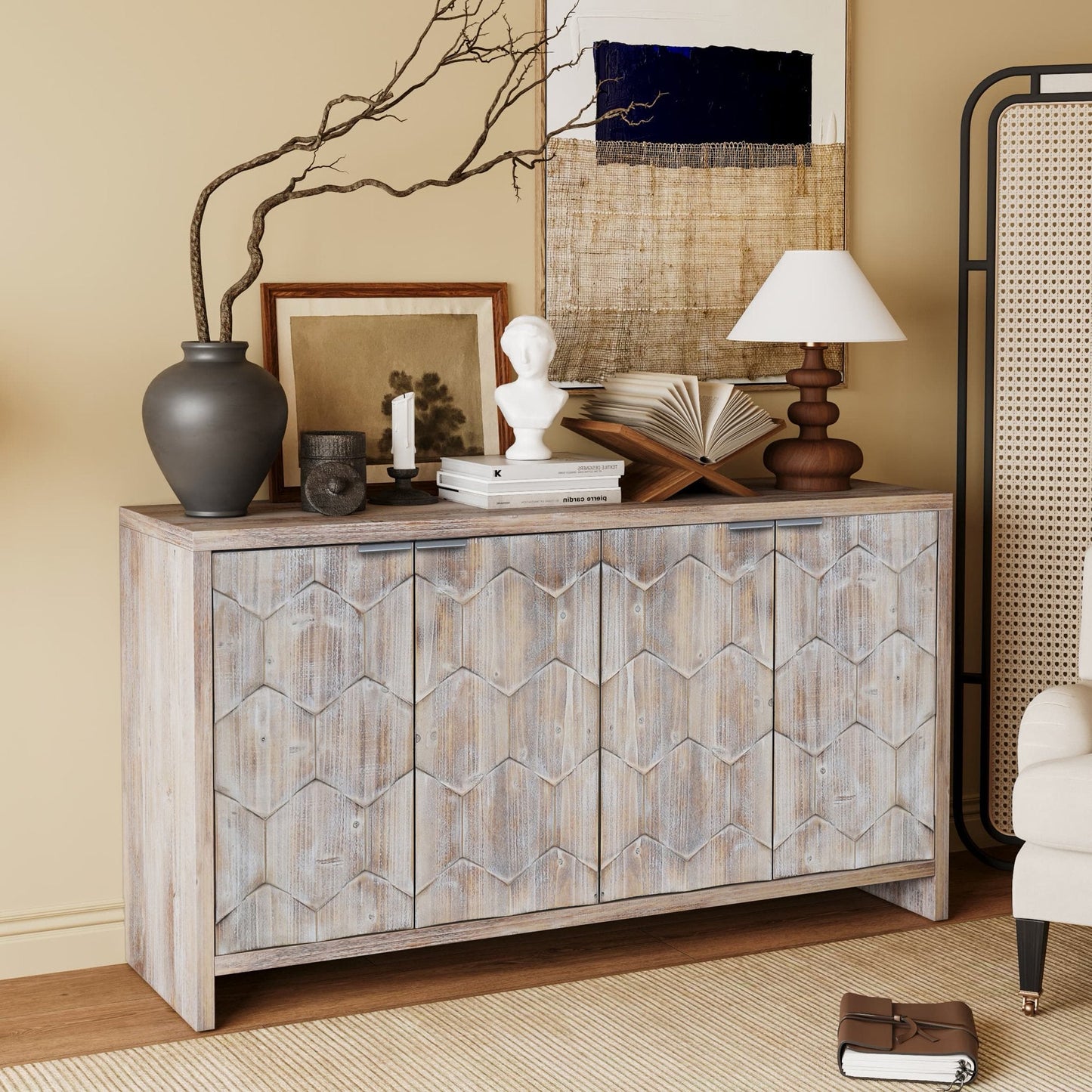 Accent Cabinet Farmhouse Style 4 Door Wooden Cabinet Sideboard Buffet Server Cabinet Storage Cabinet, for Living Room, Entryway, Hallway, Office, Kitchen and Dining Room