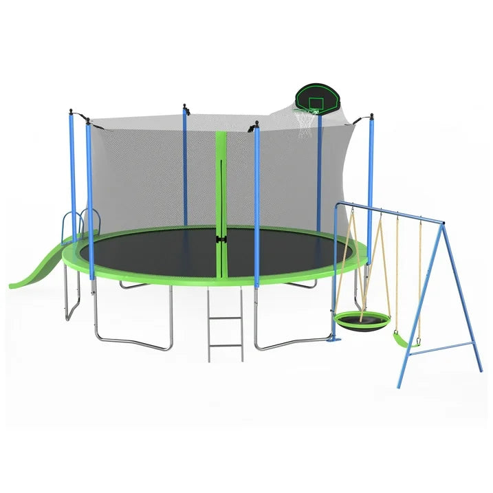SHINPT 12FT Trampoline with Slide and Swings, ASTM Approval Recreational Trampoline with Basketball Hoop and Ladder, Easy Assembly, Outdoor Fitness Trampoline for Kids and Adults