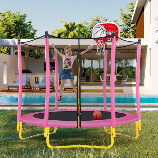 SHINPT 65  Outdoor  Indoor Mini Toddler Trampoline with Enclosure Net, Basketball Hoop and Ball Included, Entertainment Trampoline for Backyard, Patio