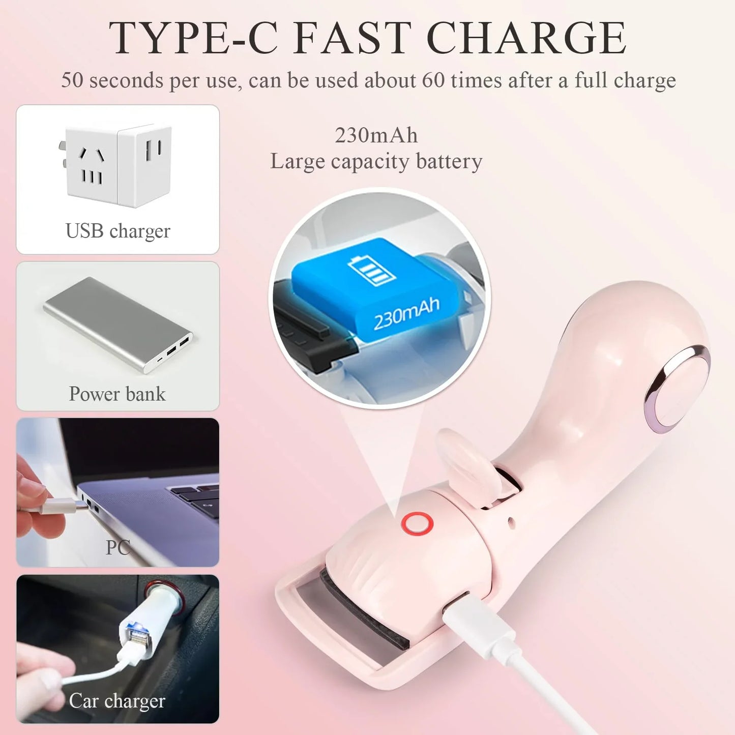 Electric Heated Eyelash Curler, Rechargeable Handheld Eye lash Curle, Be Used for Eyelashes and Hair for Thick and Thin Eyelashes 24 Hours Lasting Curl, Pink