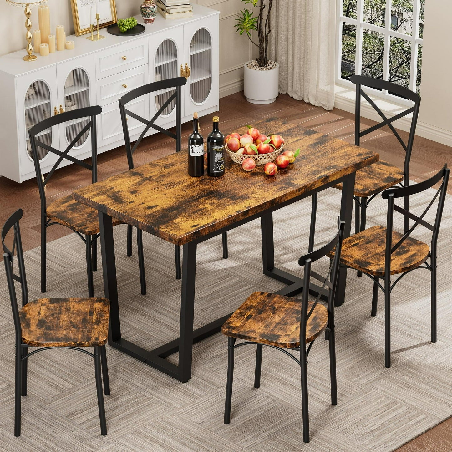 SESSLIFE 7 Pieces Dining Table Set, Modern Kitchen Wood Table and 6 Chairs for Breakfast Small Spaces, Brown