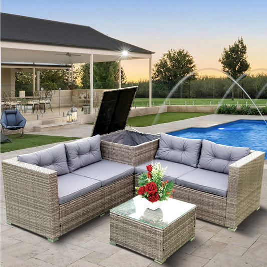 SEGMART 4 Piece Patio Furniture Set, All-Weather Outdoor Sectional Sofa Set, PE Rattan Conversation Set with Storage Box, Table & Cushions, Wicker Furniture Couch Set for Patio Deck Garden