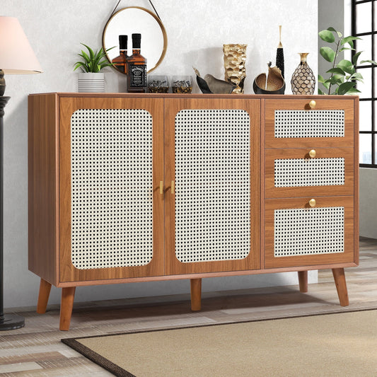 47" Rattan Buffet Sideboard with Storage, Segmart Storage Cabinet with 2 Doors and 3 Drawers, Farmhouse Coffee Bar Station Table, Modern Wood Cupboard for Kitchen, Livingroom and Dining Room