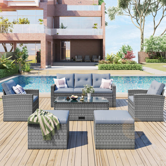 Outdoor Patio Furniture Sets for Backyard, Segmart New 6 Pieces Wicker Patio Furniture Set with Seat Cushions & Tempered Glass Coffee, Conversation Sets for Porch, Poolside, Backyard, Garden, Gray