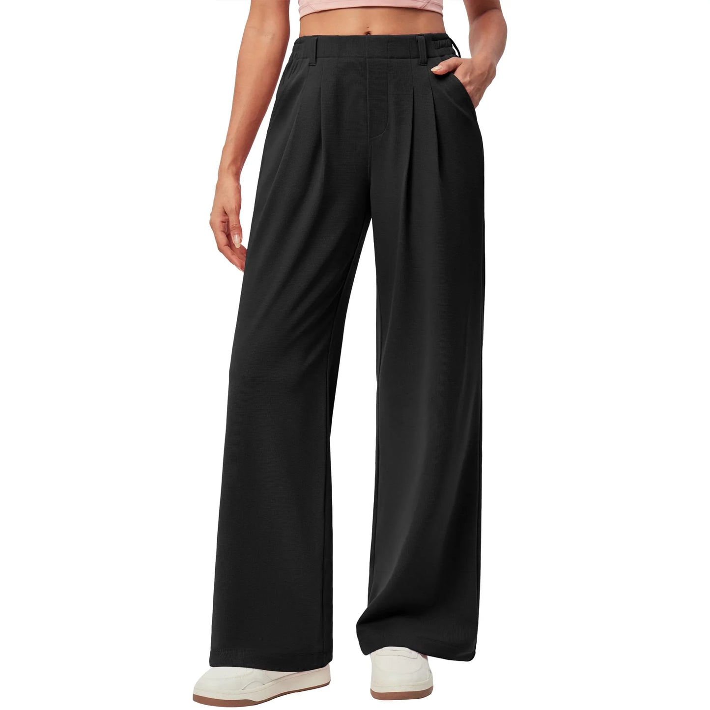 TEMOFON Womens Pants Casual Wide Leg Dress Pants Black Loose Lightweight Comfort Trousers Flowy Work Dress Pant L