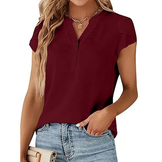 VDJ Womens Blouses Short Sleeve Button V Neck Business Casual Going Out Tops Trendy Red T Shirts Size L