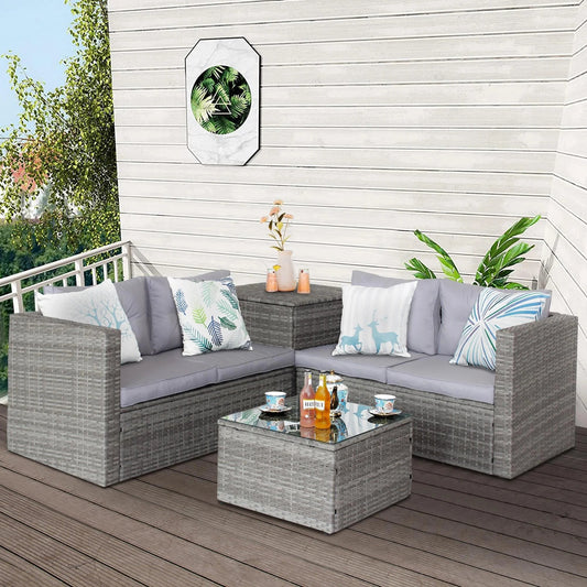 Segmart Wicker Patio Furniture Sets, 4PCS Outdoor Wicker Patio Sectional Sofa w/4 Padded Cushions, Tempered Glass Coffee Table, Armchair, Conversation Sets for Porch Backyard Garden, Gray