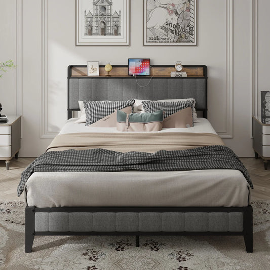 PAPROOS Full Bed Frame with Storage Headboard and Charging Station, Full Size Upholstered Platform Bed, No Box Spring Needed, Gray